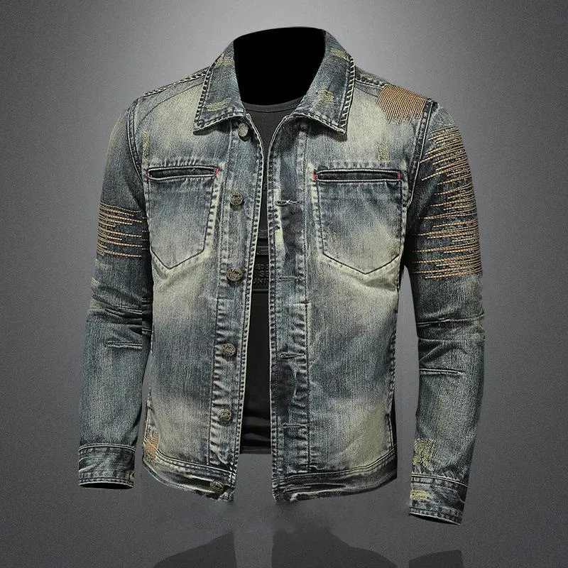 Men's Vintage Washed Lapel Slim Fit Denim Motorcycle Jacket 47091051M sold by Manly product image thumbnail 4