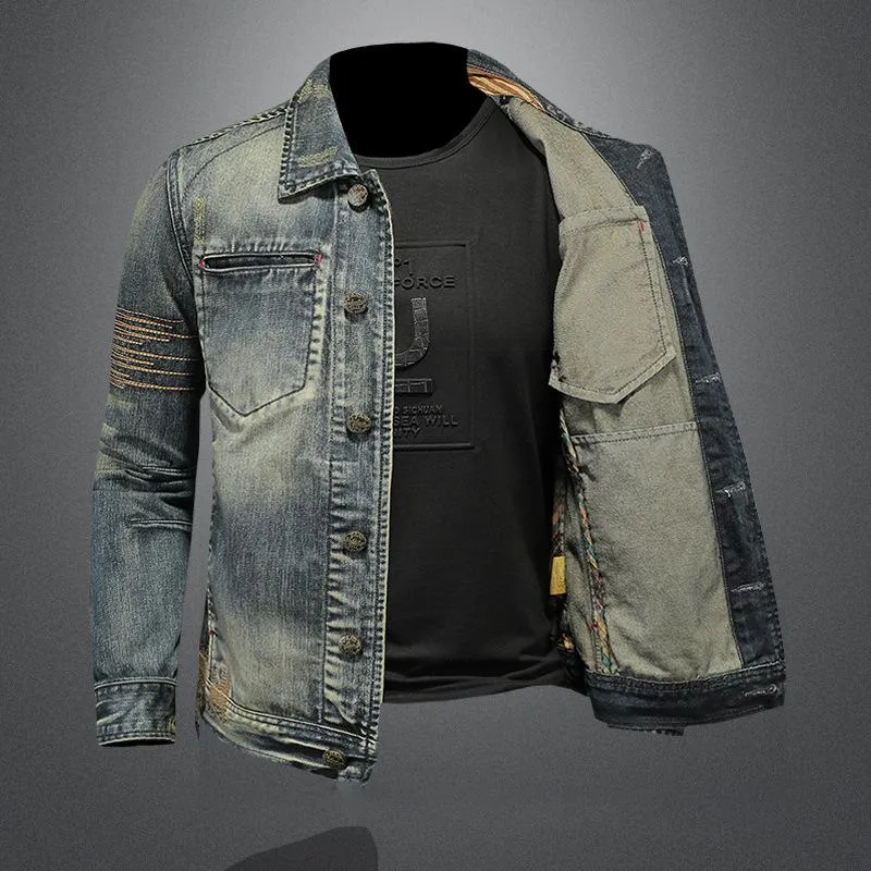 Men's Vintage Washed Lapel Slim Fit Denim Motorcycle Jacket 47091051M sold by Manly product image thumbnail 5