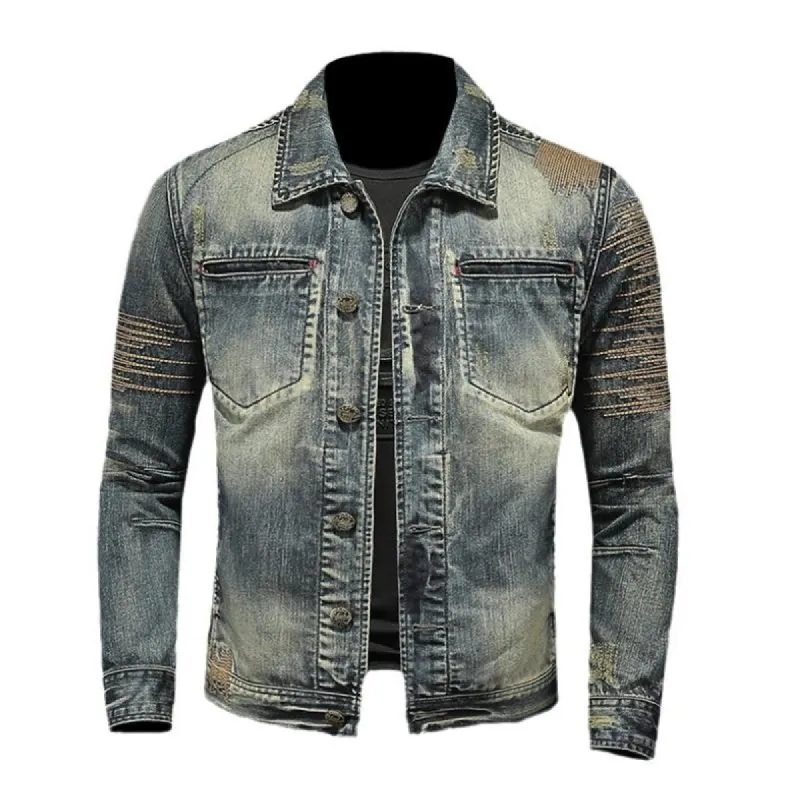 Men's Vintage Washed Lapel Slim Fit Denim Motorcycle Jacket 47091051M sold by Manly