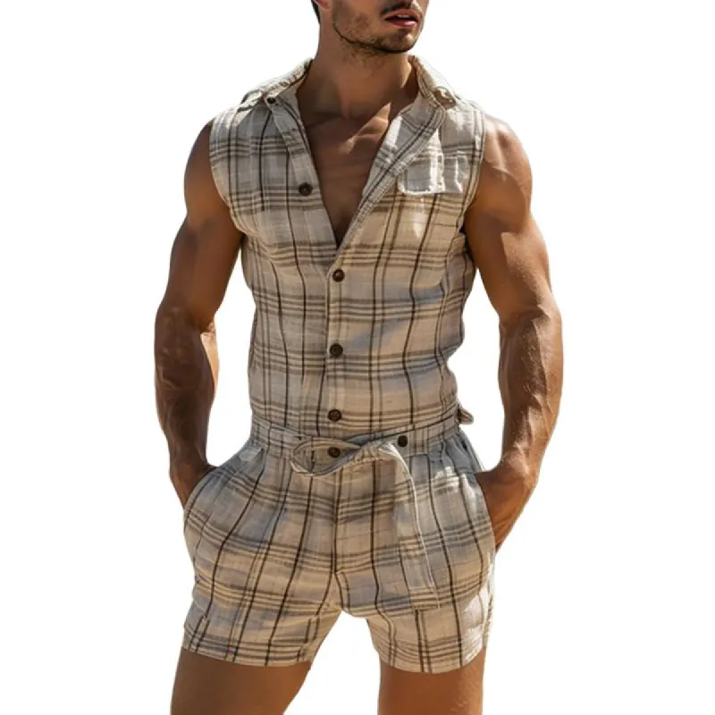 Men's Casual Plaid Drawstring Short Jumpsuit 14327586TO sold by Manly