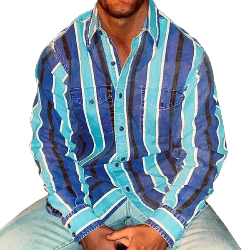 【24-hour shipping out】Men's Retro Color Block Stripe Printed Loose Long Sleeve Shirt 74916689M sold by Manly