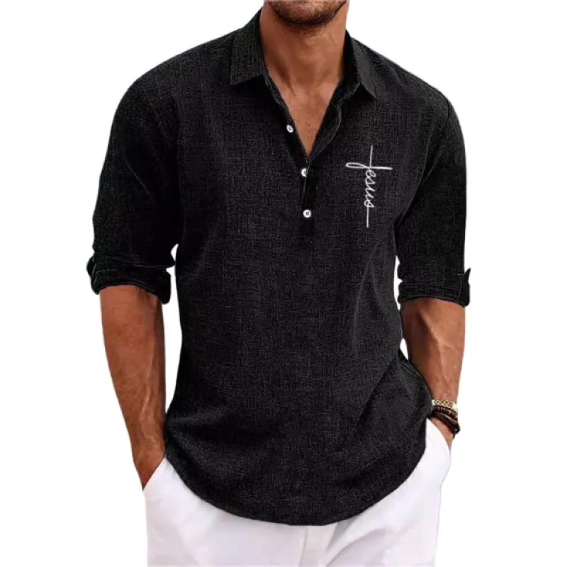 Men's Printed Linen Lapel Long Sleeve Casual Shirt 77354376Z sold by Manly