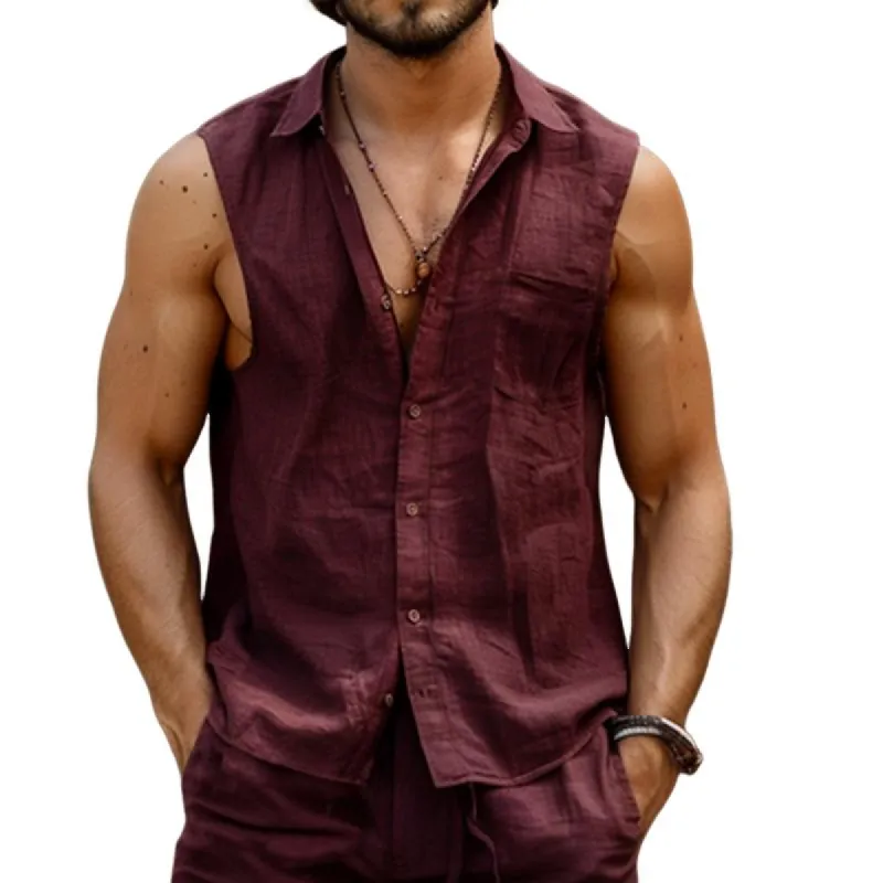 Men's Solid Lapel Chest Pocket Sleeveless Shirt 80463750Y sold by Manly