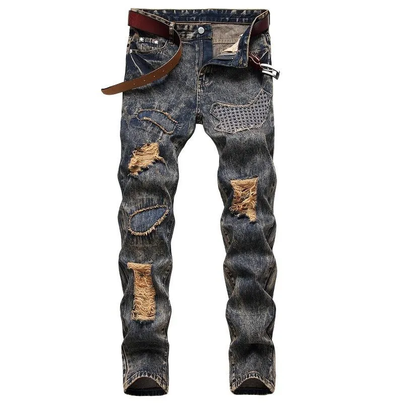 Men's Fashion Patchwork Distressed Hole Slim Jeans 42722263Z sold by Manly