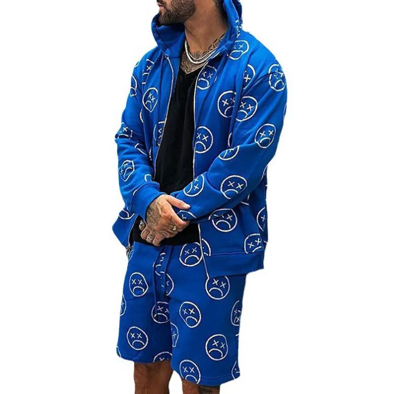 Men's Casual Printed Loose Zipper Hooded Jacket Shorts Set 36070905M sold by Manly
