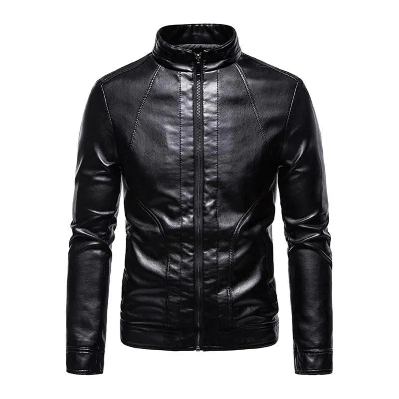 Men's Vintage Slim Stand Collar Panel Leather Biker Jacket 91771623M sold by Manly