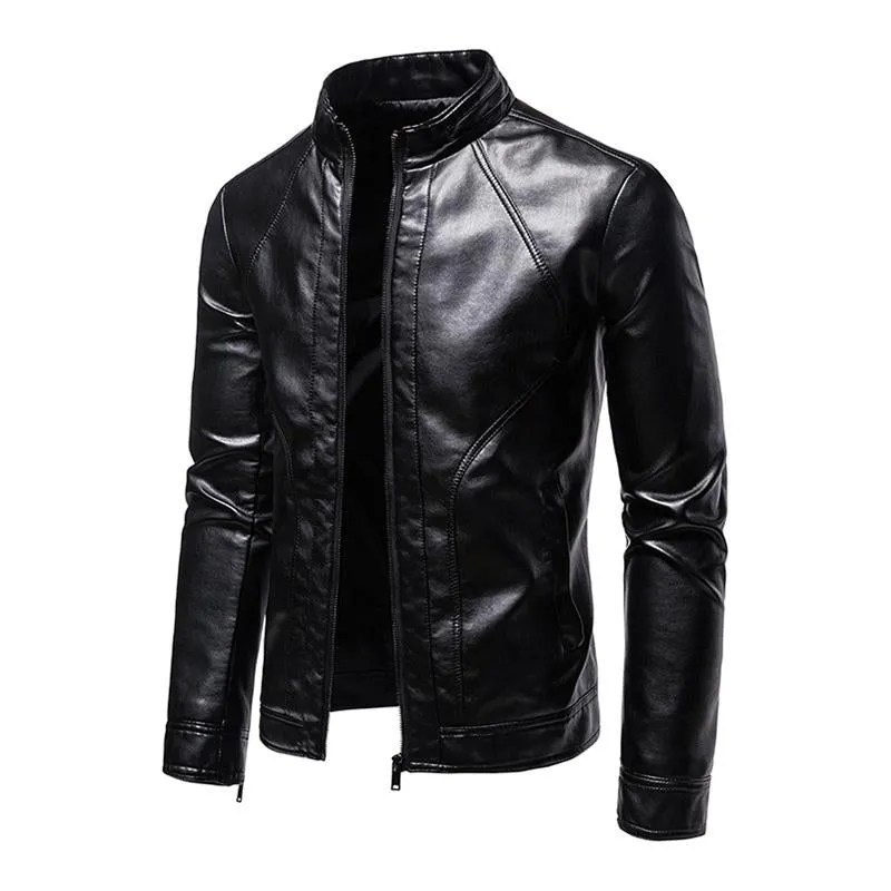 Men's Vintage Slim Stand Collar Panel Leather Biker Jacket 91771623M sold by Manly product image thumbnail 2