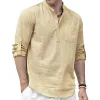 Men's Casual Stand Collar Cotton Linen Patch Pocket Long Sleeve Shirt 75433357M sold by Manly