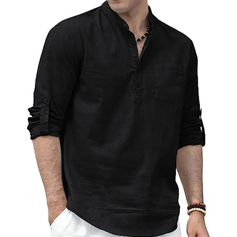 Men's Casual Stand Collar Cotton Linen Patch Pocket Long Sleeve Shirt 75433357M sold by Manly product image thumbnail 3