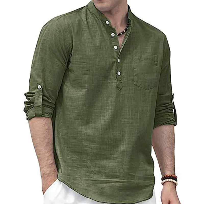 Men's Casual Stand Collar Cotton Linen Patch Pocket Long Sleeve Shirt 75433357M sold by Manly