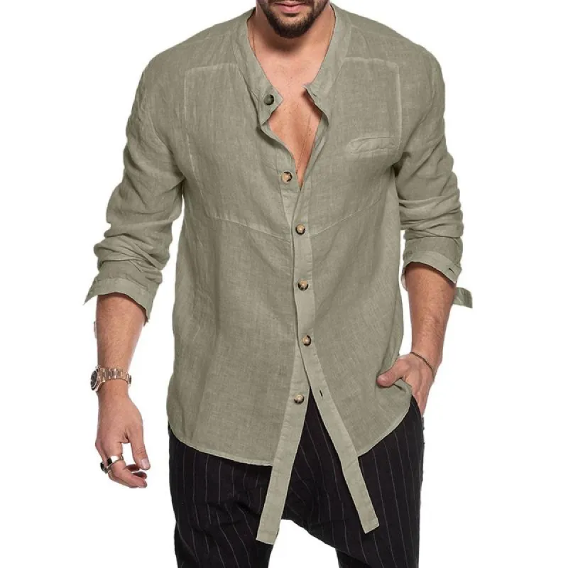 Men's Stand Collar Loose Cotton Linen Shirt 25606954Z sold by Manly