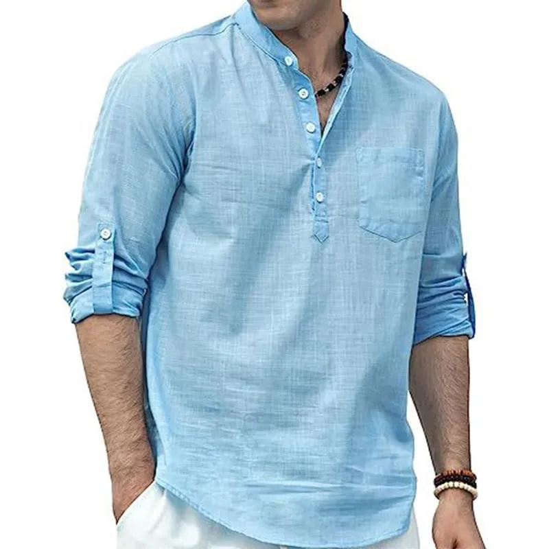 Men's Casual Stand Collar Cotton Linen Patch Pocket Long Sleeve Shirt 75433357M sold by Manly product image thumbnail 5