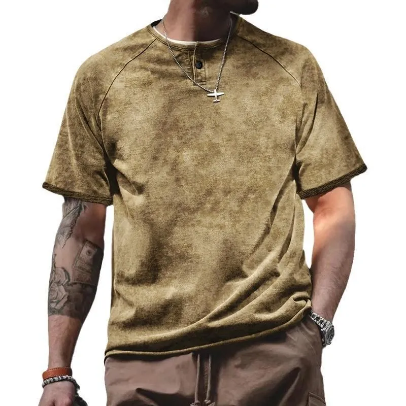 Men's Vintage Washed Henley Collar Loose Short Sleeve T-Shirt 0374669M sold by Manly