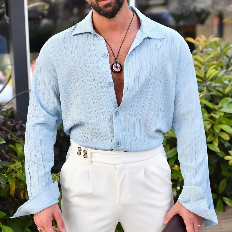 Men's Solid Color Textured Lapel Long Sleeve Shirt 71211530Z sold by Manly product image thumbnail 3