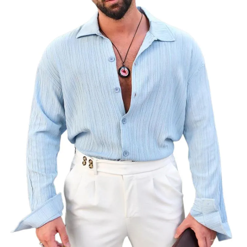 Men's Solid Color Textured Lapel Long Sleeve Shirt 71211530Z sold by Manly