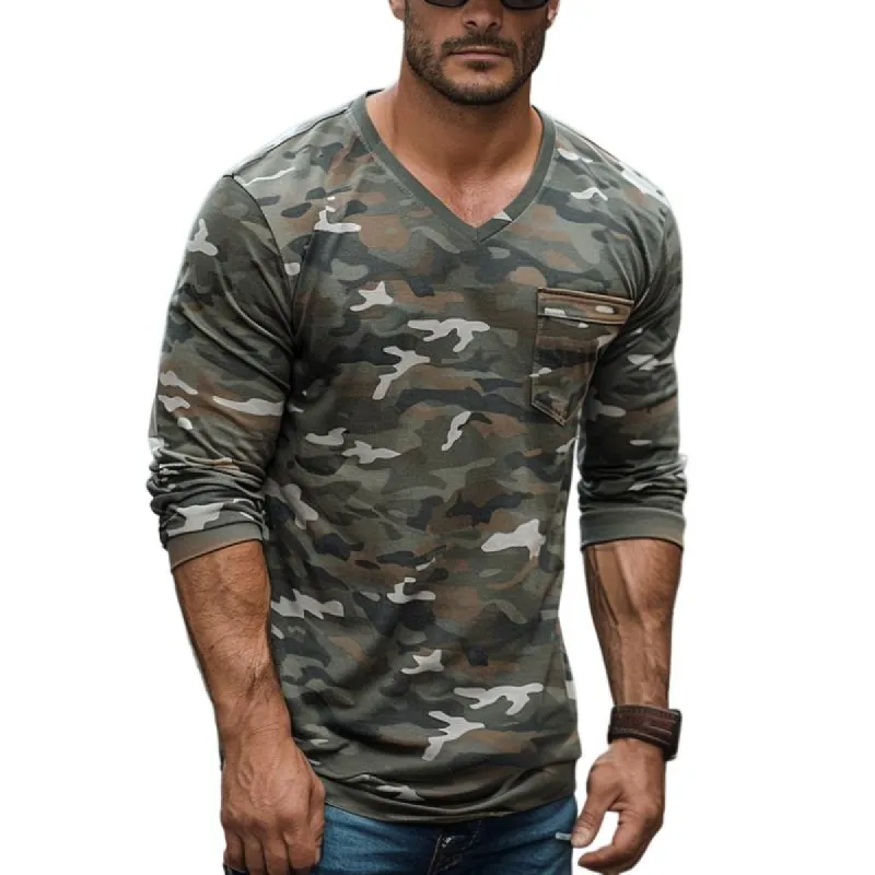 Men's Casual V-neck Camouflage Patch Pocket Slim Fit Long Sleeve T-shirt 73212758M sold by Manly
