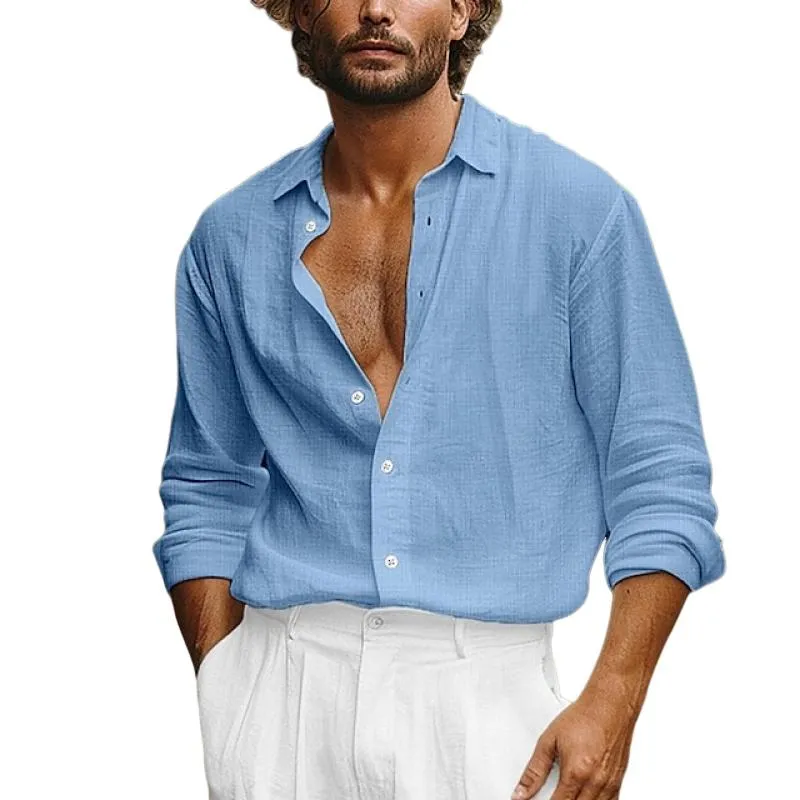 Men's Cotton And Linen Breathable Lapel Long-Sleeved Shirt 91830222Y sold by Manly