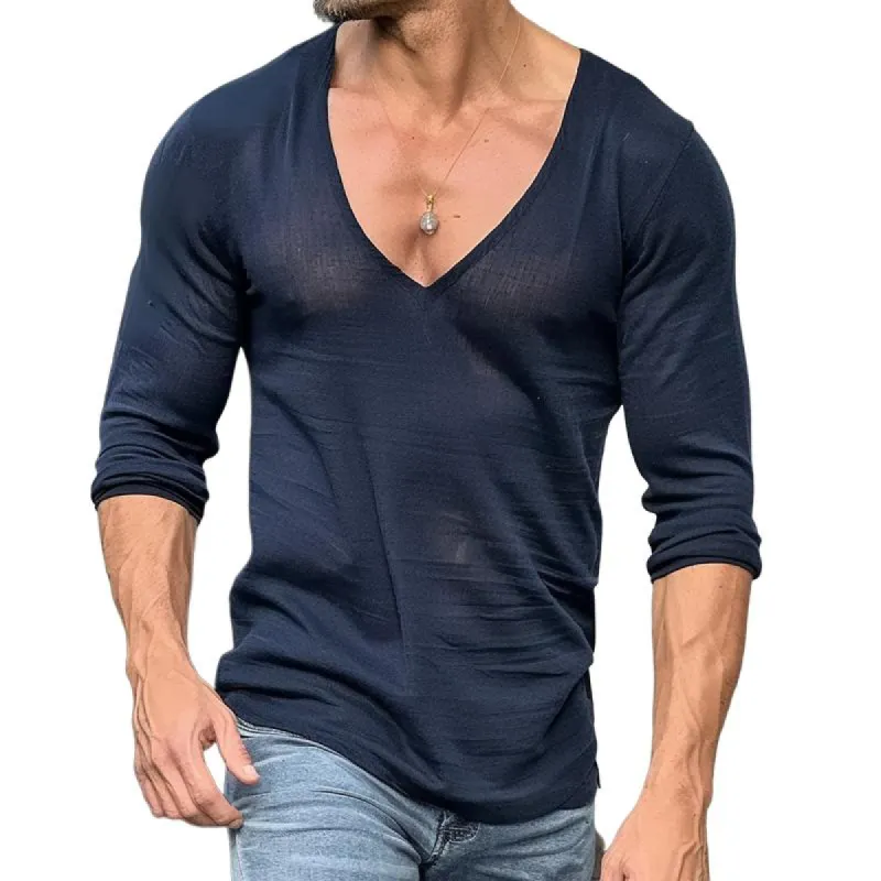 Men's Solid Color Thin V-Neck Long-Sleeved T-Shirt 22163064Y sold by Manly