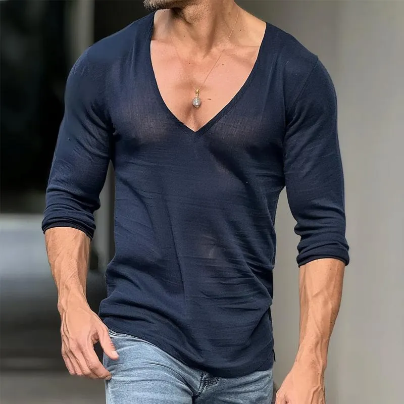 Men's Solid Color Thin V-Neck Long-Sleeved T-Shirt 22163064Y sold by Manly product image thumbnail 3