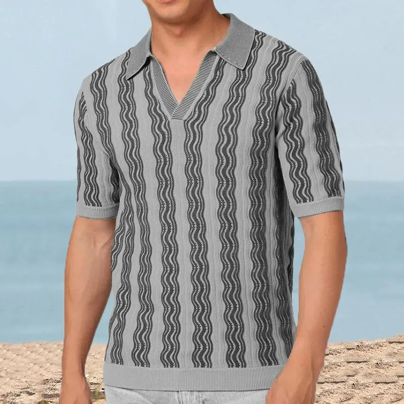 Men's Knitted Striped Lapel Short Sleeve Polo Shirt 91847306Z sold by Manly product image thumbnail 2