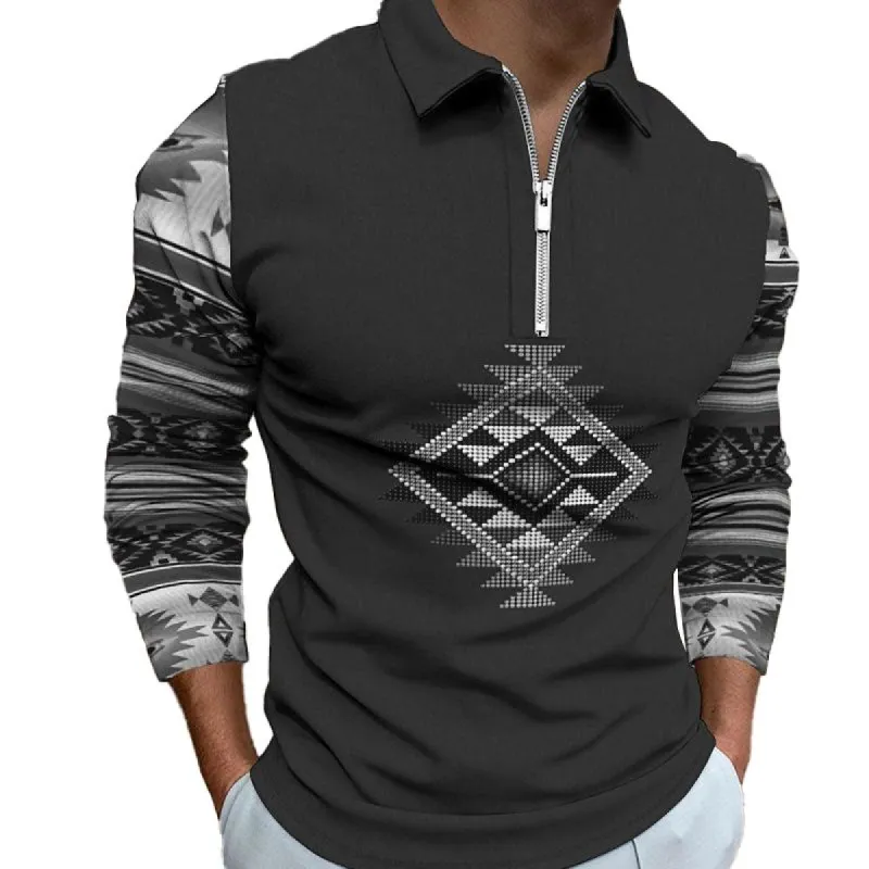Men's Casual Geometrical Printed Lapel Long Sleeve Polo Shirt 19039353M sold by Manly