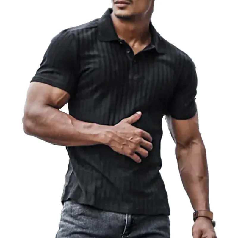 Men's Business Casual Solid Color Vertical Stripe Short Sleeve POLO Shirt 64151606Y sold by Manly