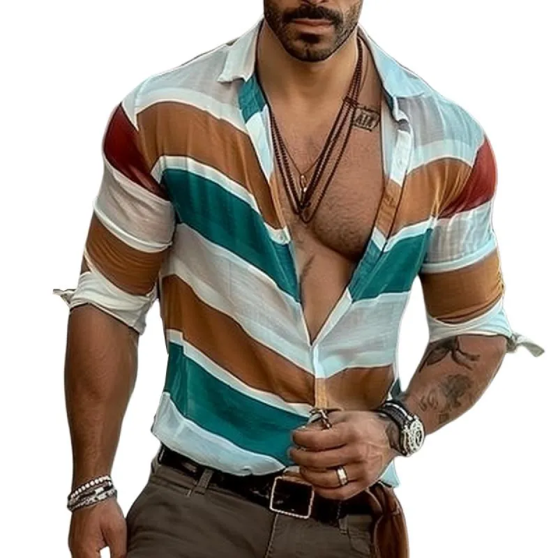 Men's Casual Retro Striped Long Sleeve Shirt 63631429TO sold by Manly