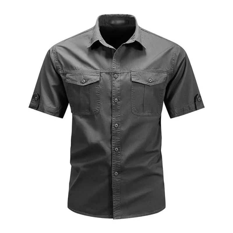 Men's Casual Loose Cotton Lapel Short-Sleeved Work Shirt 95101283M sold by Manly