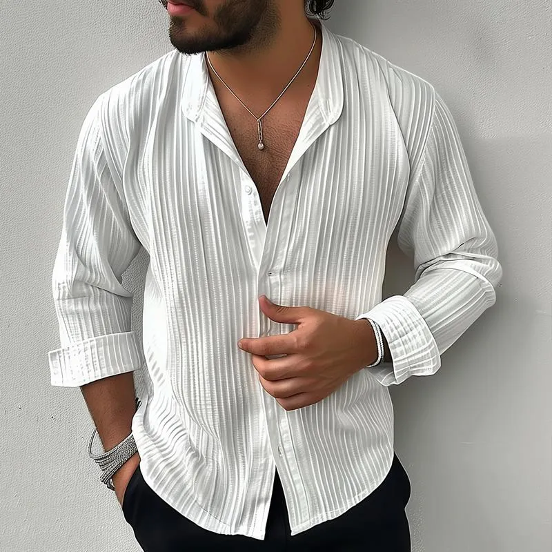 Men's Solid Color Striped Stand Collar Long Sleeve Shirt 12515819Z sold by Manly product image thumbnail 2