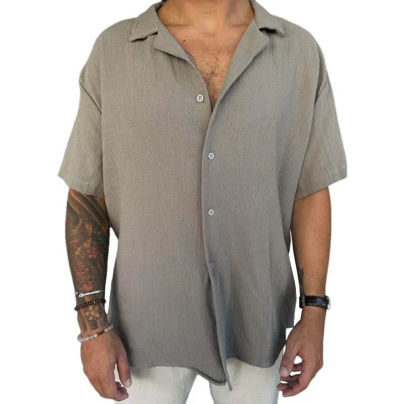 Men's Solid Cotton And Linen Lapel Short Sleeve Casual Shirt 53902069Z sold by Manly