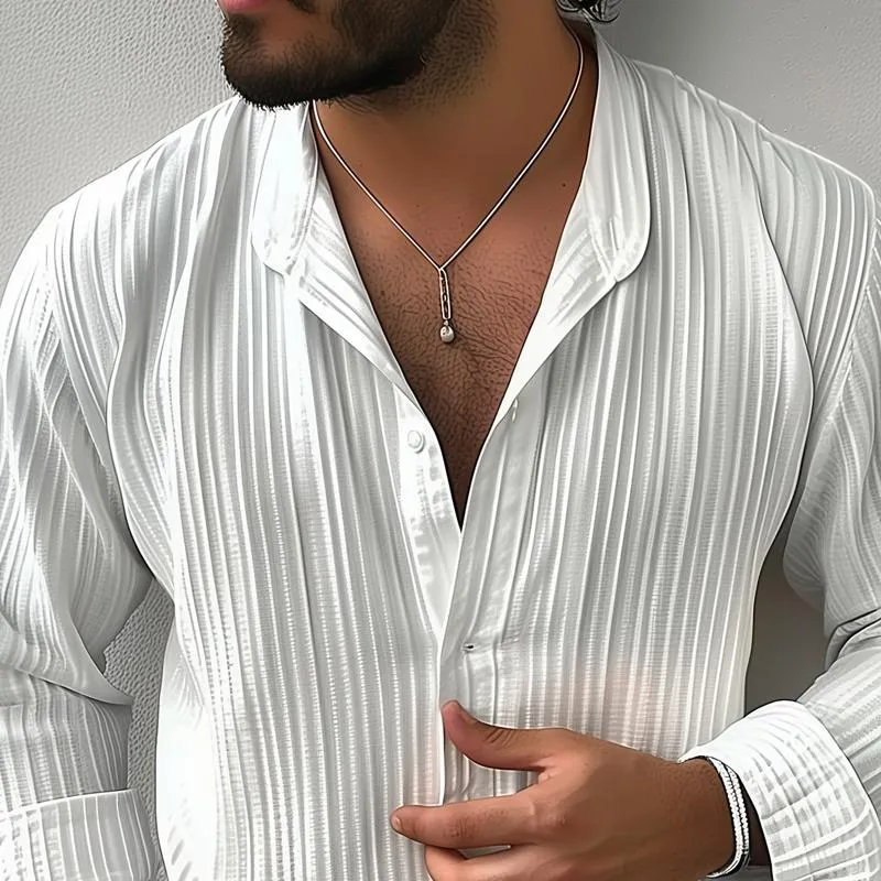 Men's Solid Color Striped Stand Collar Long Sleeve Shirt 12515819Z sold by Manly product image thumbnail 3