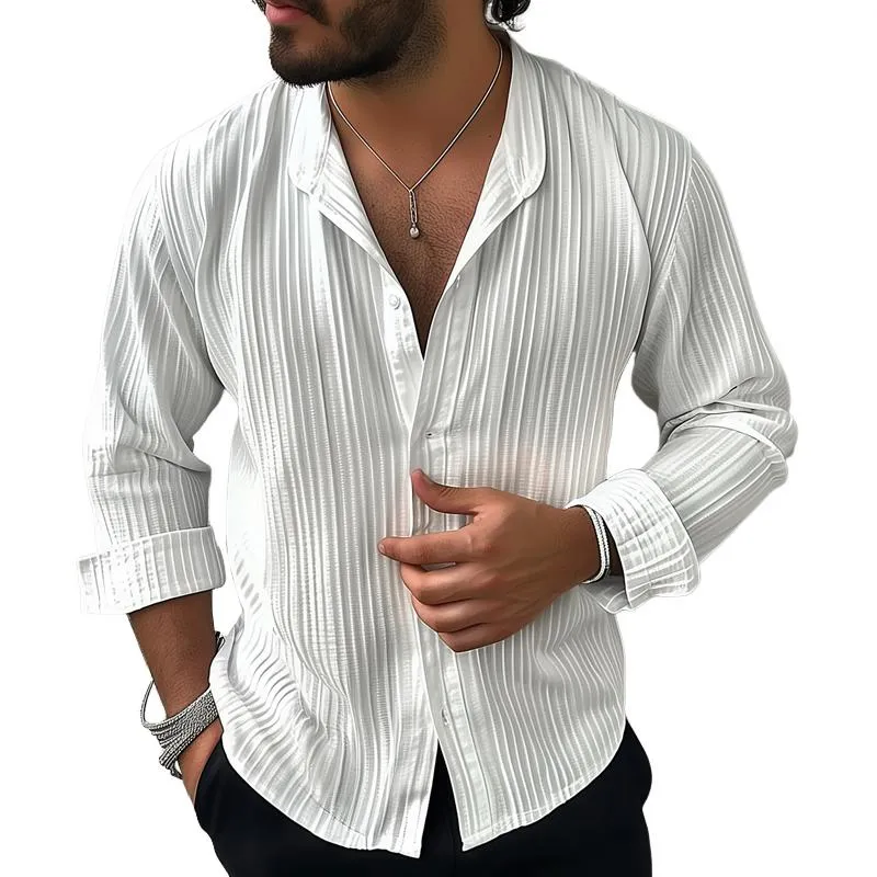 Men's Solid Color Striped Stand Collar Long Sleeve Shirt 12515819Z sold by Manly