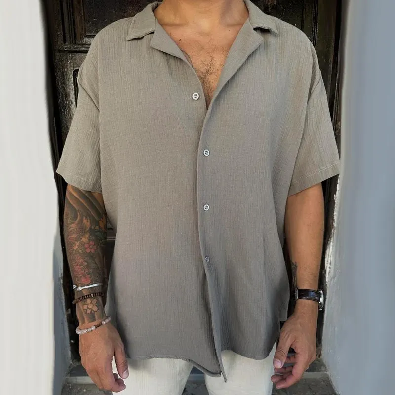 Men's Solid Cotton And Linen Lapel Short Sleeve Casual Shirt 53902069Z sold by Manly product image thumbnail 2