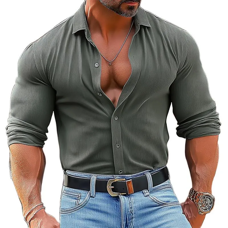 Men's Solid Color Corduroy Lapel Long Sleeve Shirt 46757195Z sold by Manly