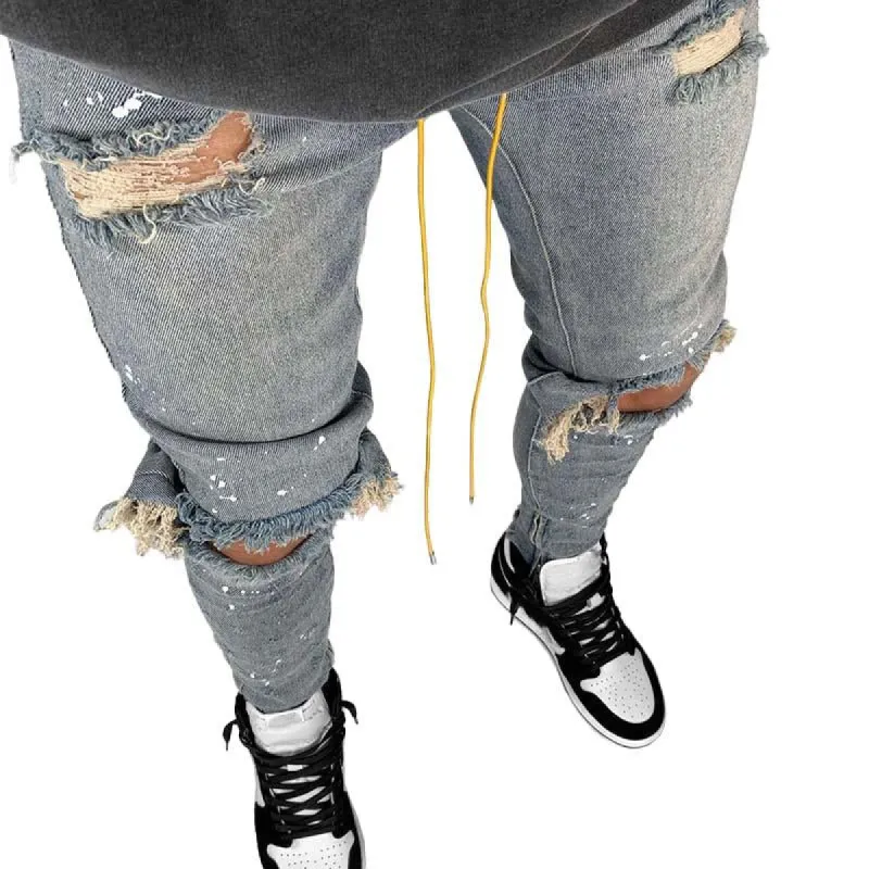 Men's Casual Slim Ripped Denim Pencil Pants 05526097M made by Manly