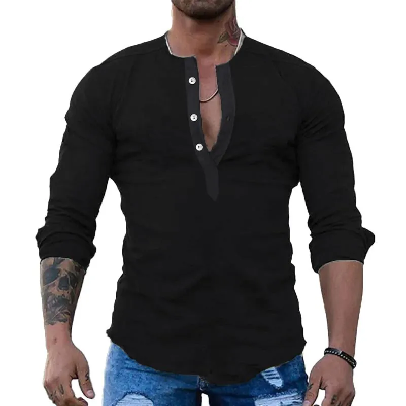 Men's Casual Linen Collarless Solid Color Long Sleeve Shirt 03103414M sold by Manly