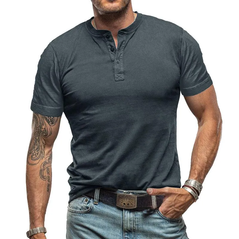 Men's Vintage Solid Color Short Sleeve Henley Neck T-Shirt 99269418Y sold by Manly