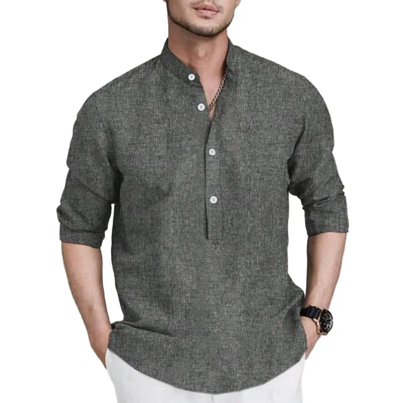 Men's Cotton and Linen Loose Solid Color Stand Collar Shirt 81255210X sold by Manly