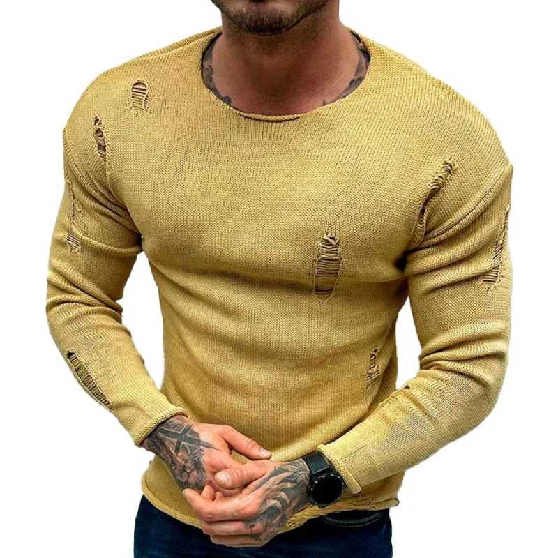 Men's Leisure Round Neck Hole Knit Long Sleeved Sweater 32967035M sold by Manly