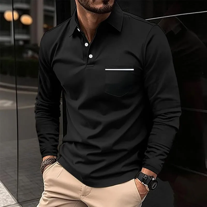 Men's Casual Solid Color Lapel Chest Pocket Long Sleeve Polo Shirt 85464166Y sold by Manly product image thumbnail 4