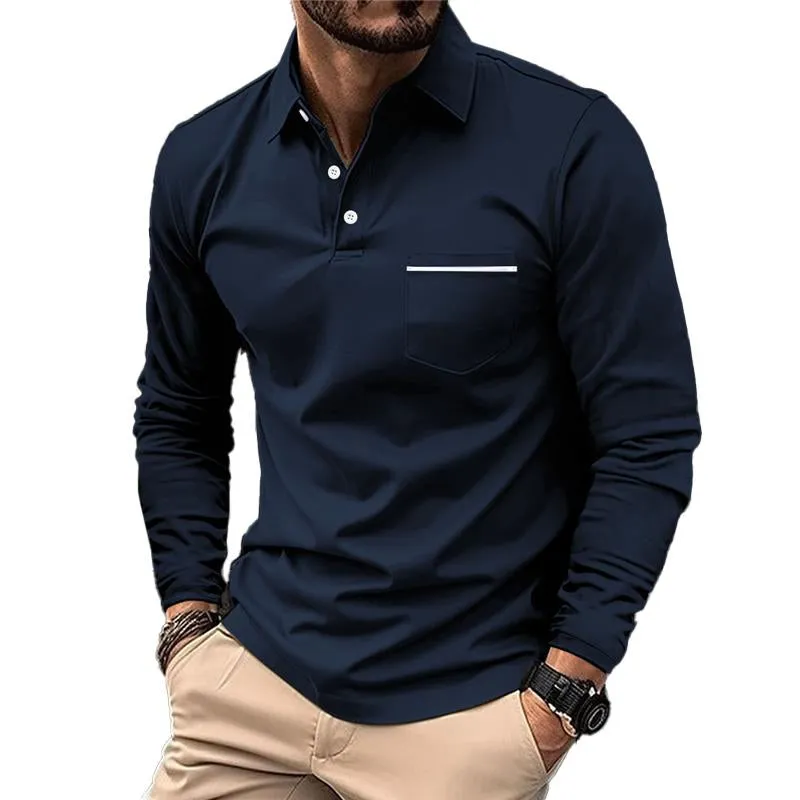 Men's Casual Solid Color Lapel Chest Pocket Long Sleeve Polo Shirt 85464166Y sold by Manly