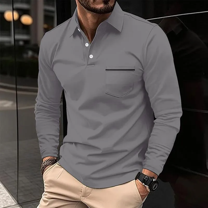 Men's Casual Solid Color Lapel Chest Pocket Long Sleeve Polo Shirt 85464166Y sold by Manly product image thumbnail 3