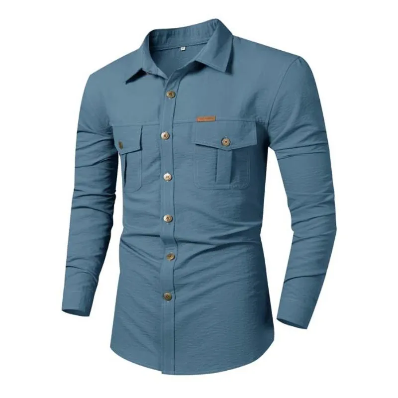 Men's Casual Cotton Blend Loose Lapel Workwear Long-sleeved Shirt 68149082M sold by Manly