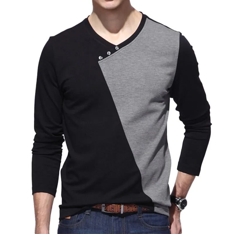 Men's Casual V-Neck Geometric Contrast Patchwork Long-Sleeved T-Shirt 47784661M sold by Manly