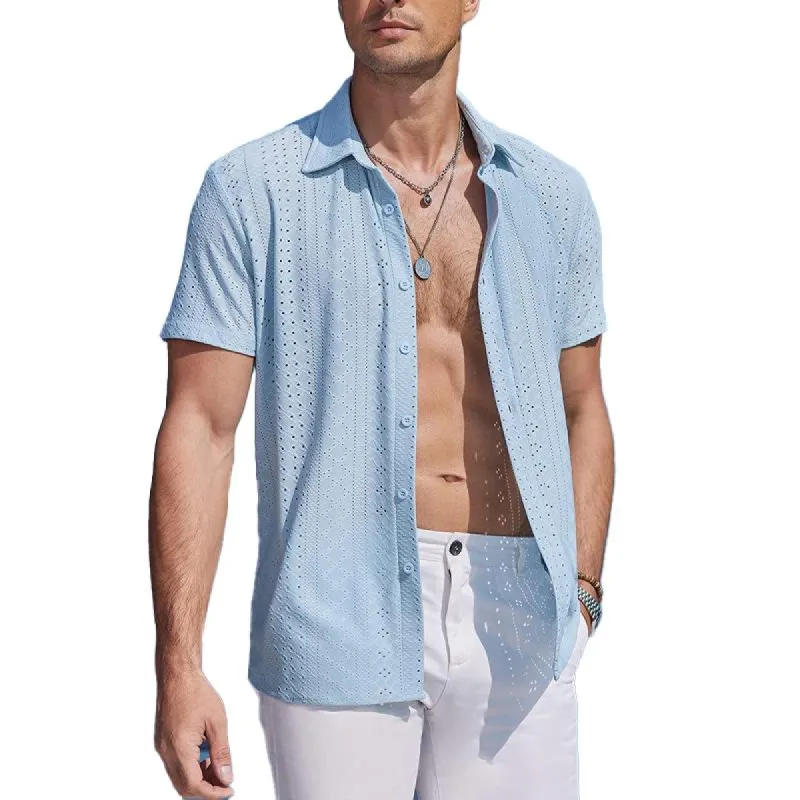 Men's Hollow Solid Color Resort Beach Short Sleeve Shirt 37806403Y sold by Manly