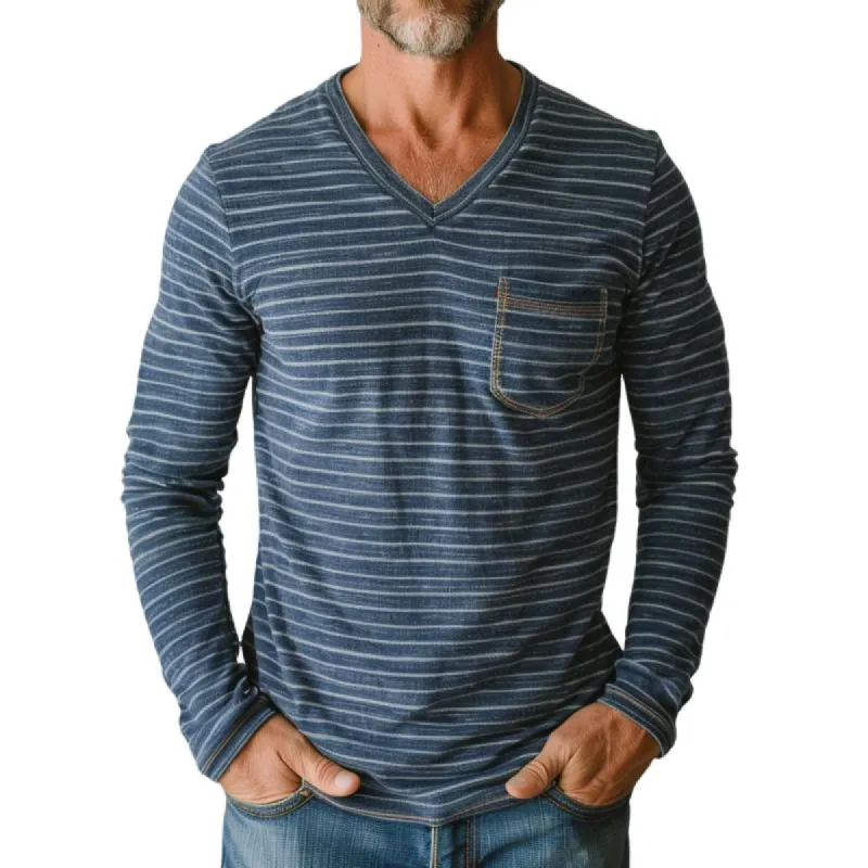 Men's Casual V-neck Striped Patch Pocket Slim Fit Long Sleeve T-shirt 15419337M sold by Manly