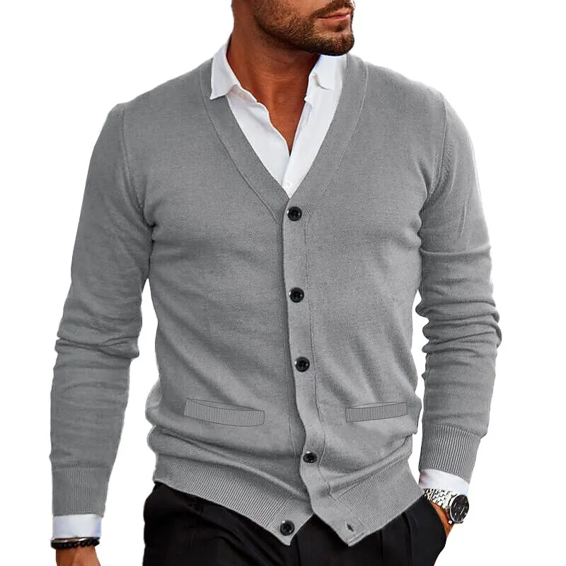 Men's Casual Solid Color V-Neck Long-Sleeved Slim-Fit Knitted Cardigan 52816345M sold by Manly