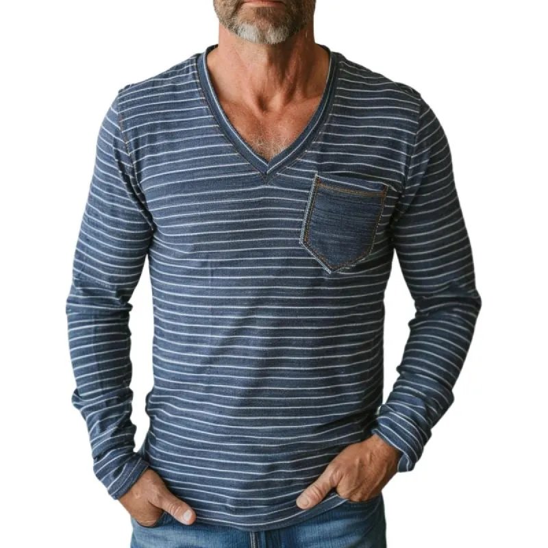 Men's Casual V-neck Striped Patch Pocket Slim Fit Long Sleeve T-shirt 27046481M sold by Manly