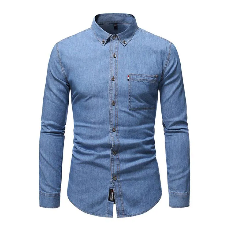 Men's Casual Cotton Denim Lapel Long Sleeve Shirt 37495288M sold by Manly