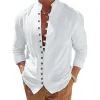 Men's Solid Stand Collar Single Breasted Long Sleeve Cotton Linen Shirt 35848441Z sold by Manly